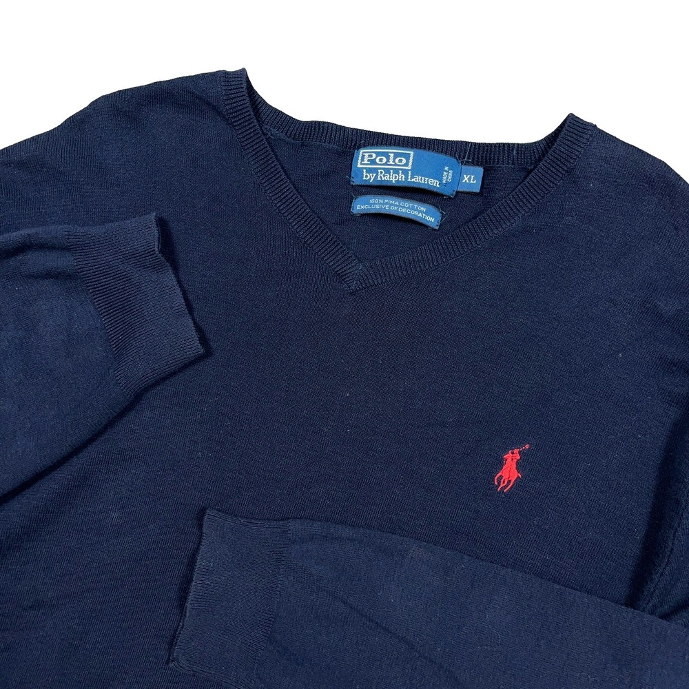 Polo Ralph Lauren Sweater Men XL Navy Blue Red Pima Cotton V Neck Soft Golf Thin